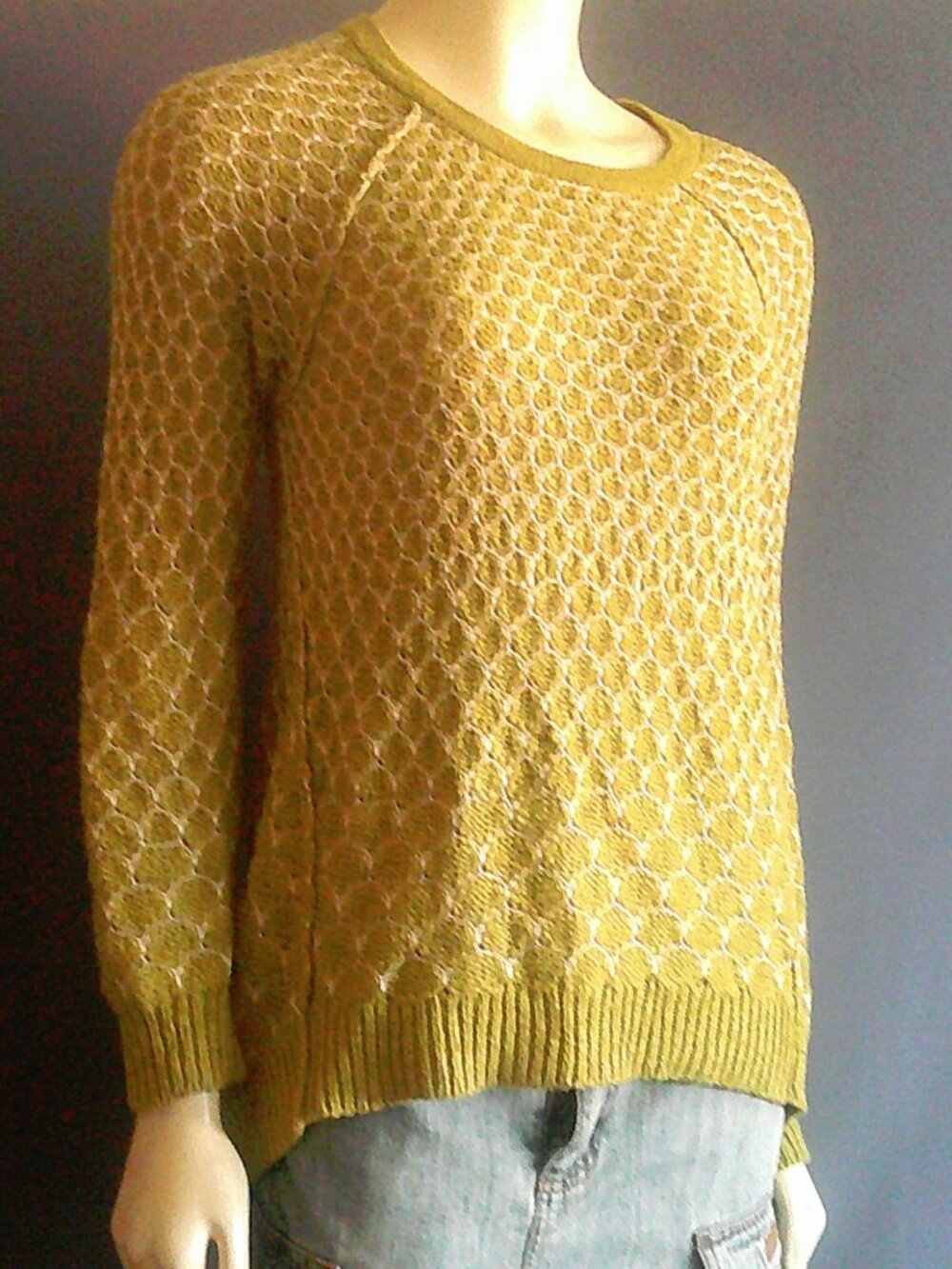 Anthropologie Moth Yellow Green Cotton Honeycomb Pattern Hi-Low Sweater Sm - Picture 3 of 8